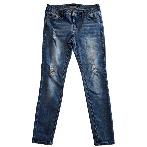Iris Jeans Denim - Distressed Skinny Jeans Sz 9 Medium Wash Denim Casual Stretch Waist Silhouette